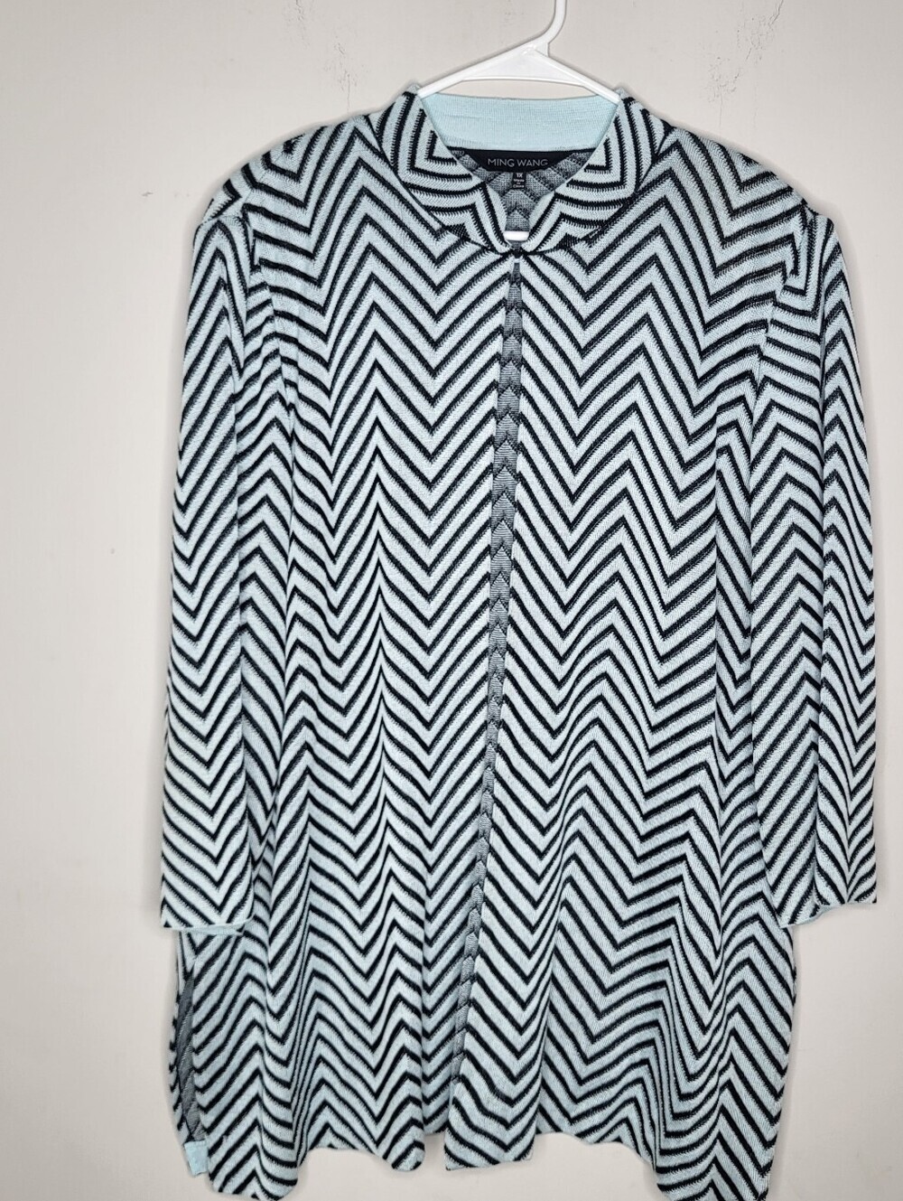 Ming Wang Light Blue & Black Chevron Zip-Front Cardigan Top Size 1X